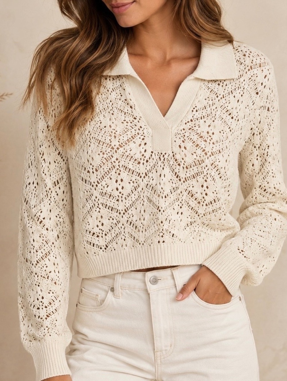 Freshman 1996 Cream Crochet Polo Sweater